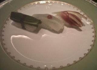 Myoga marinated Konbu kelp, white turnip with plum paste, Mizuna with umami dashi